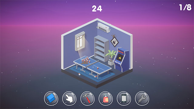 Sử dụng các công cụ sẵn có trong Room Cleaning game để quét nhà, lau chùi và sửa đồ