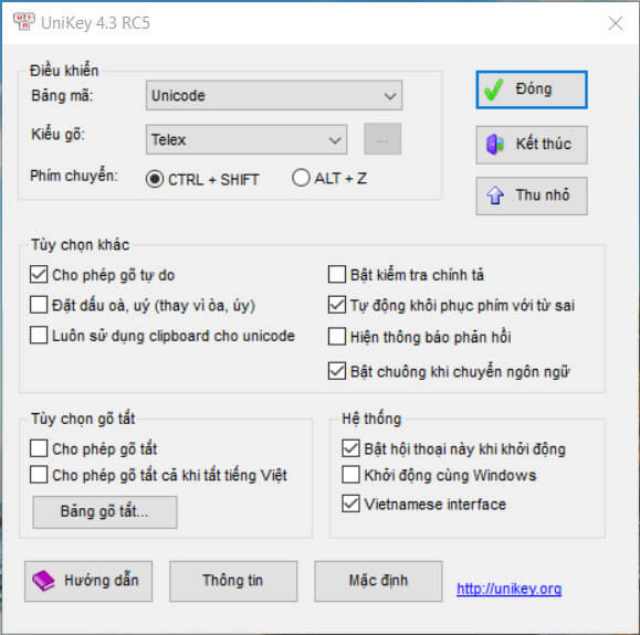 Bảng điều khiển chi tiết của phần mềm bộ gõ Tiếng Việt UniKey